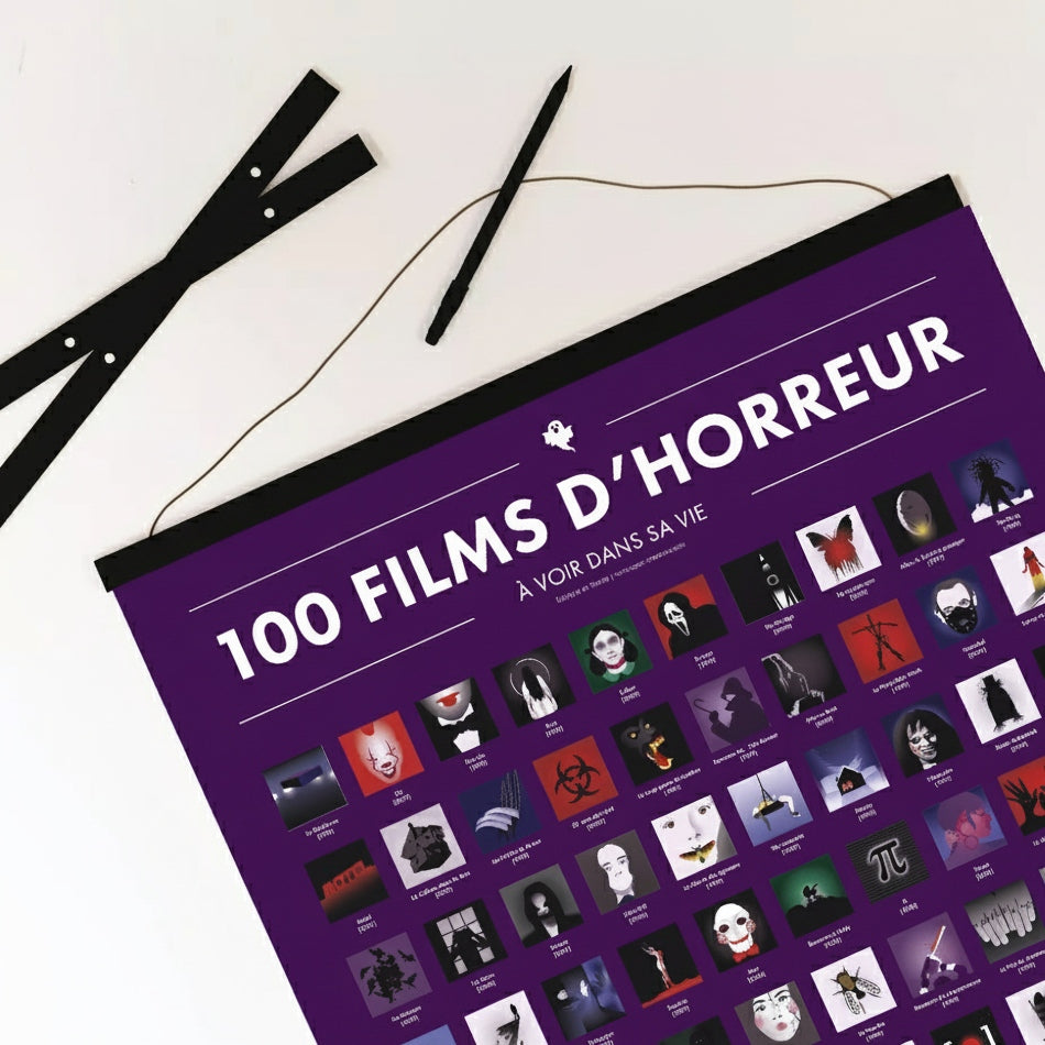 Pack 100 Films d'Horreur à Voir dans sa Vie – Poster à Gratter + Cadre + Stylo