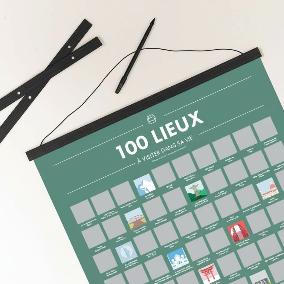 Pack 100 Lieux à Visiter dans sa Vie – Poster à Gratter + Cadre + Stylo