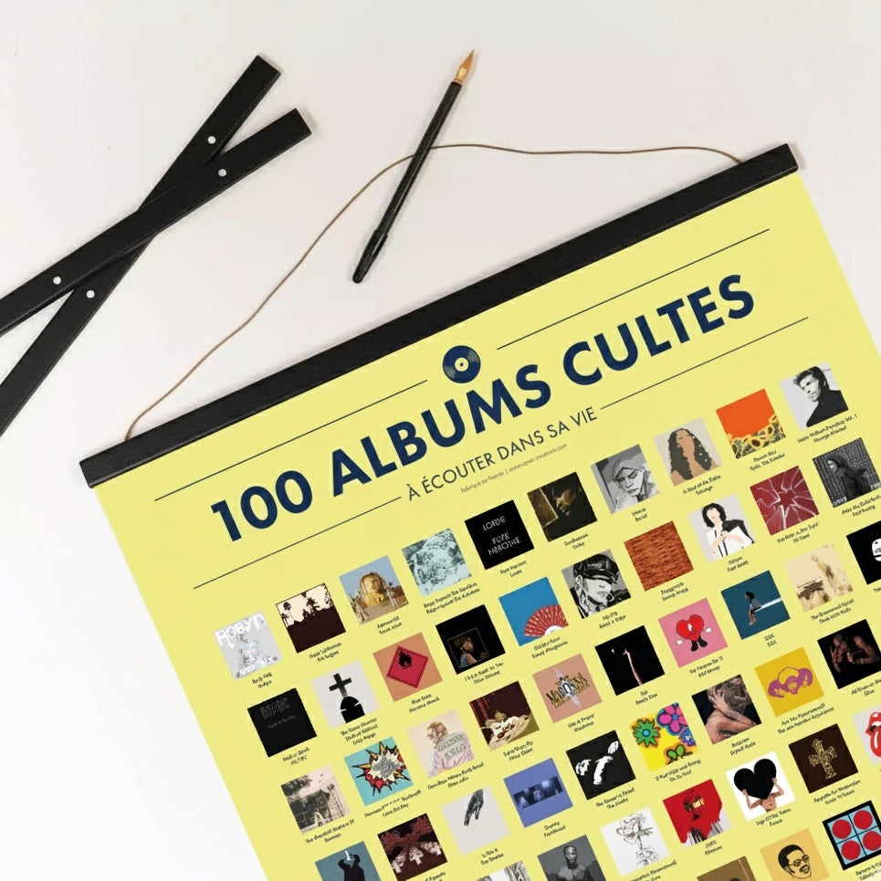 Pack 100 Albums Cultes à Ecouter - Poster à Gratter + Cadre + Stylo